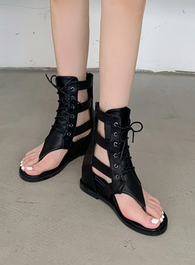 2026年春夹趾镂空交叉绑带后拉链内增高凉鞋包跟平底皮带扣罗马鞋