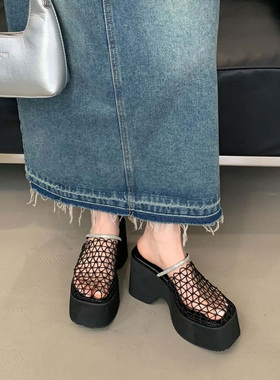 2025年夏季镂空网状防水台厚底高跟外穿半拖鞋增高沙滩旅游凉鞋女