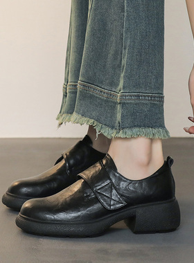 2026年春季英伦风厚底乐福鞋圆头一脚蹬复古黑色深口粗跟增高单鞋