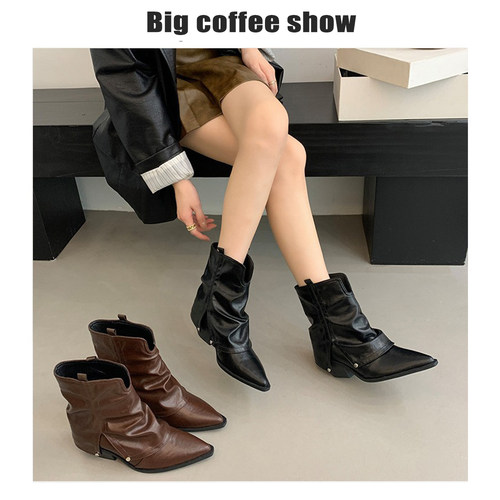 尖头粗跟棕色西部春秋夏季女鞋