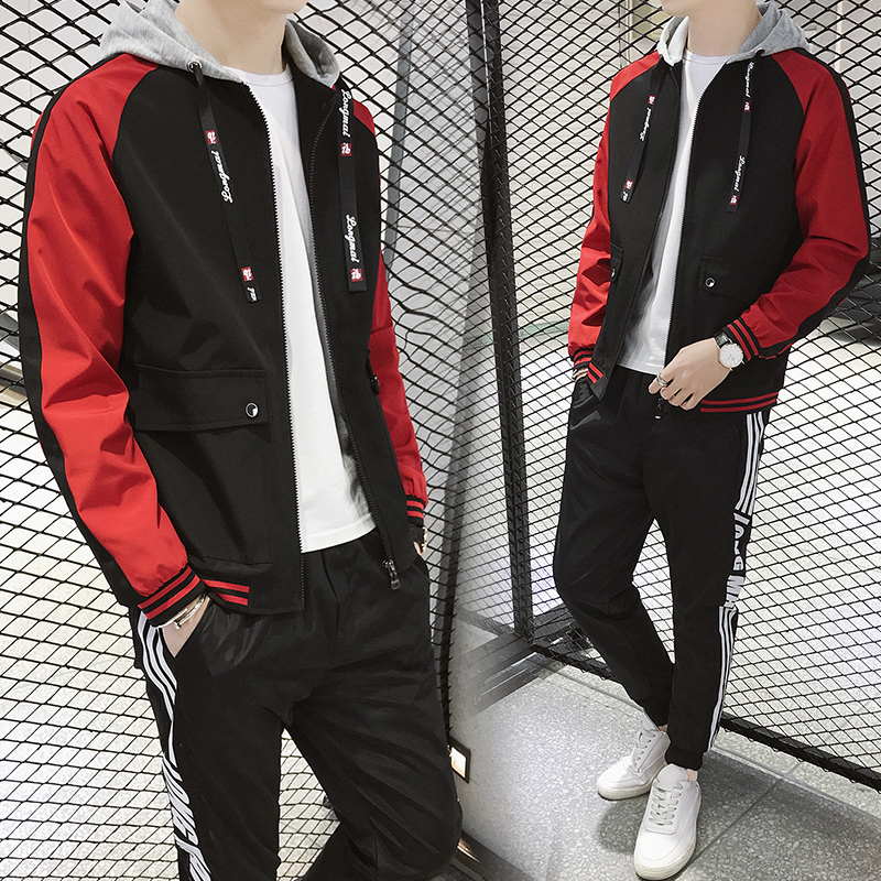 春秋运动休闲连帽夹克套装外套韩版青年情侣棒球服两件套茄克男装