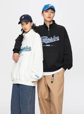 春秋长袖华夫格卫衣可翻领打底衫青少年宽松棒球服休闲情侣装小衫