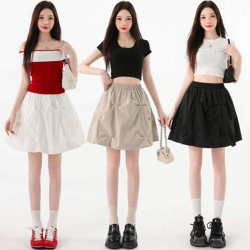 时尚 褶皱花苞半身裙2026夏季新款小个子高腰显瘦宽松a字蓬蓬短裙