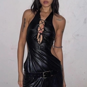 Ann 收腰显瘦气质露背连衣裙 summer性感辣妹挂脖pu皮短裙女夏季