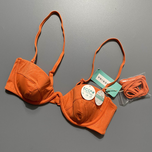 外单女士比基尼复古印花分体泳衣挂脖沙滩度假bikini带胸垫 8号