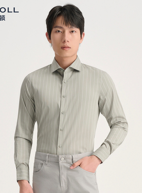 JODOLL乔顿男装长袖衬衫26年春商务修身微肌理宽条纹浅绿色衬衣