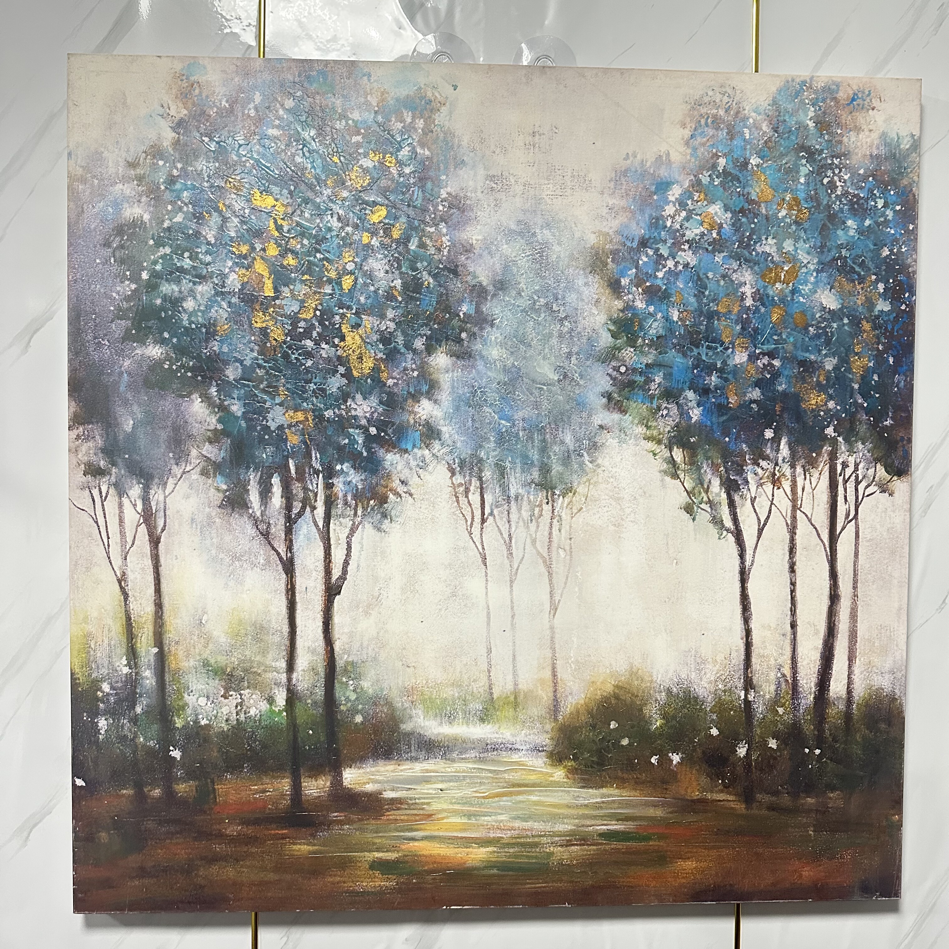 树林手绘油画金箔画现代轻奢客厅沙发背景墙装饰画办公室书房挂画图片