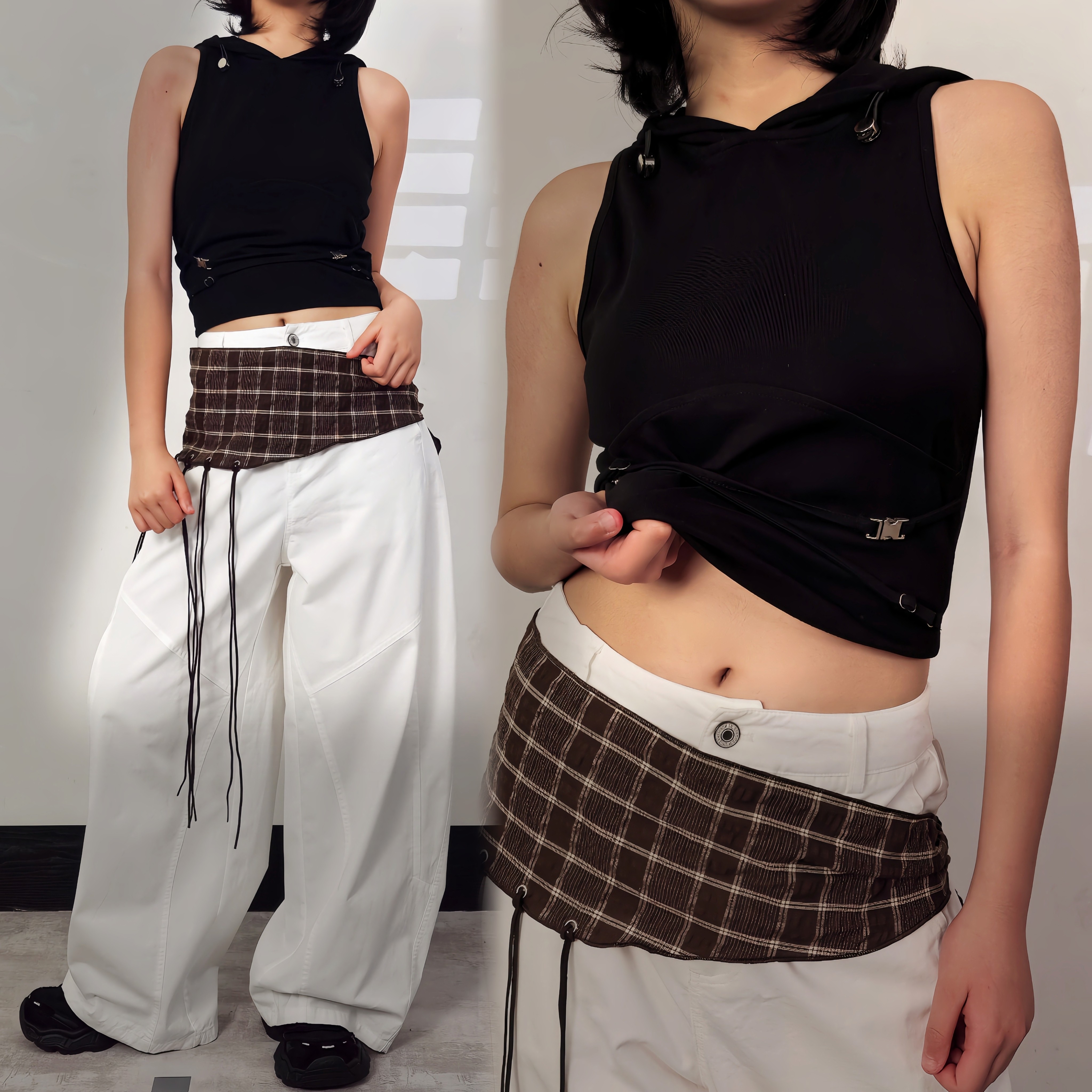 设计感显瘦带胸垫吊带背心女外穿短款黑色潮酷连帽无袖上衣春夏季