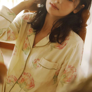 柔軟家居服長袖 長褲 新款 套裝 全棉磨毛香溢印花睡衣女式 秋季
