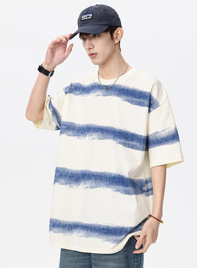 250g纯棉条纹短袖T恤男夏季宽松舒适百搭休闲落肩体恤潮牌情侣款