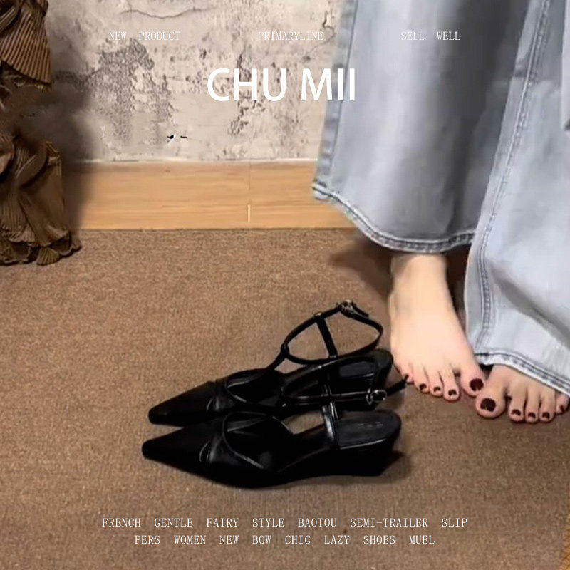 羊皮版~简约风尖头包头凉鞋女黑色镂空坡跟单鞋气质不累脚高跟鞋