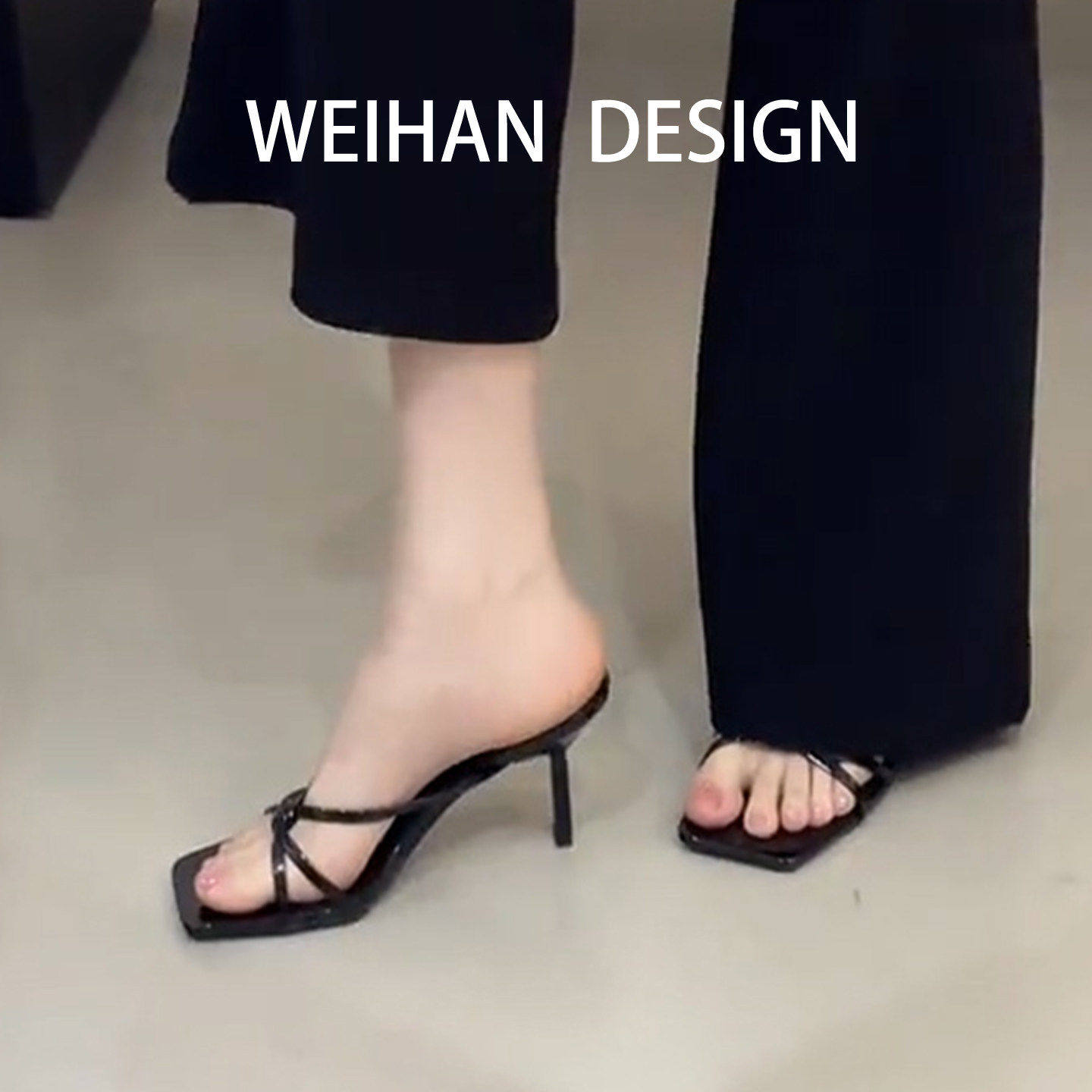 羊皮版！法式夹趾气质凉鞋黑色百搭细跟拖鞋女外穿方头高跟人字拖