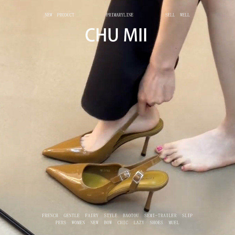 羊皮版~韩系皮带扣包头凉鞋女尖头细跟浅口高跟鞋真皮名媛风单鞋