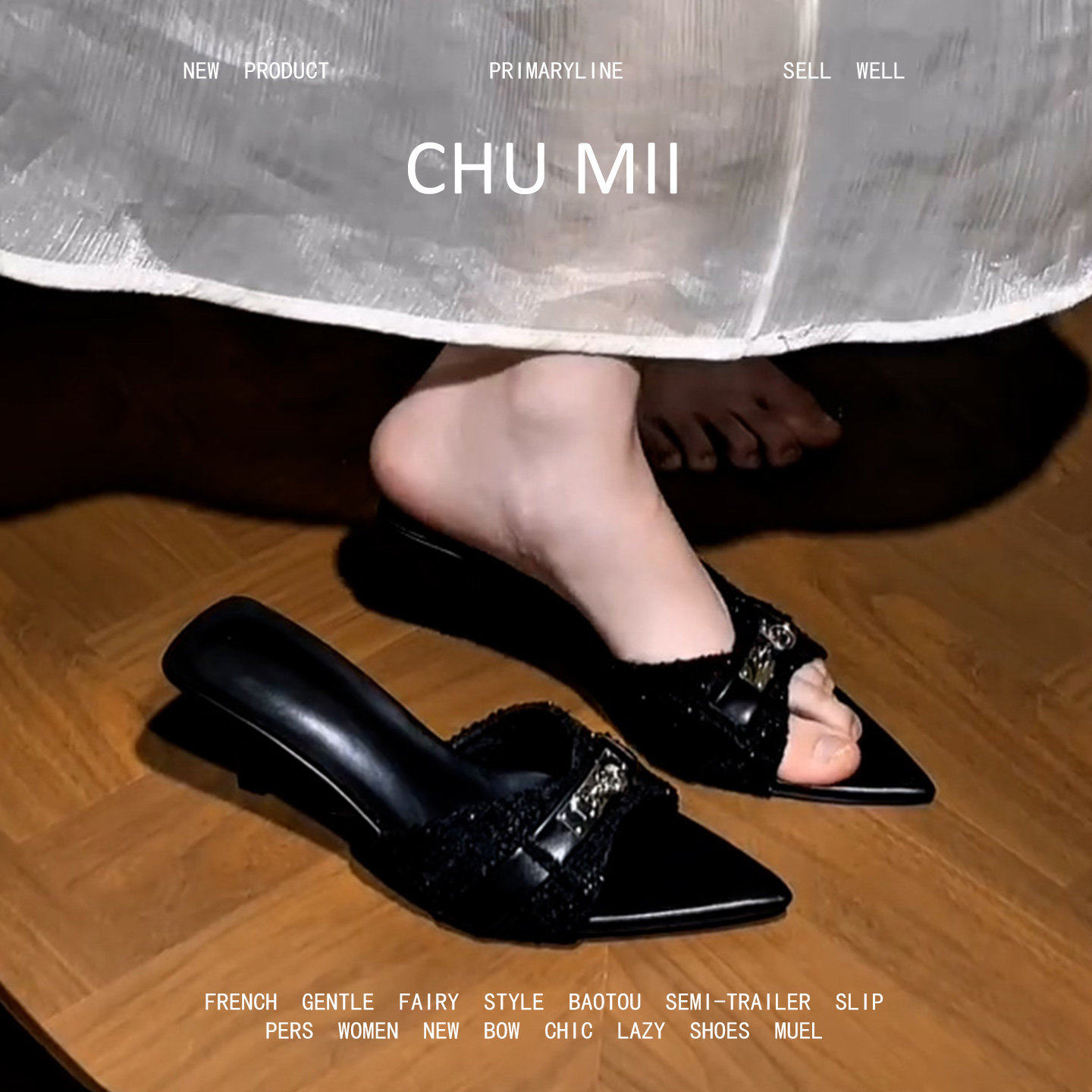 羊皮版~法式小香风露趾凉鞋女细跟金属扣高跟鞋黑色御姐风半拖鞋