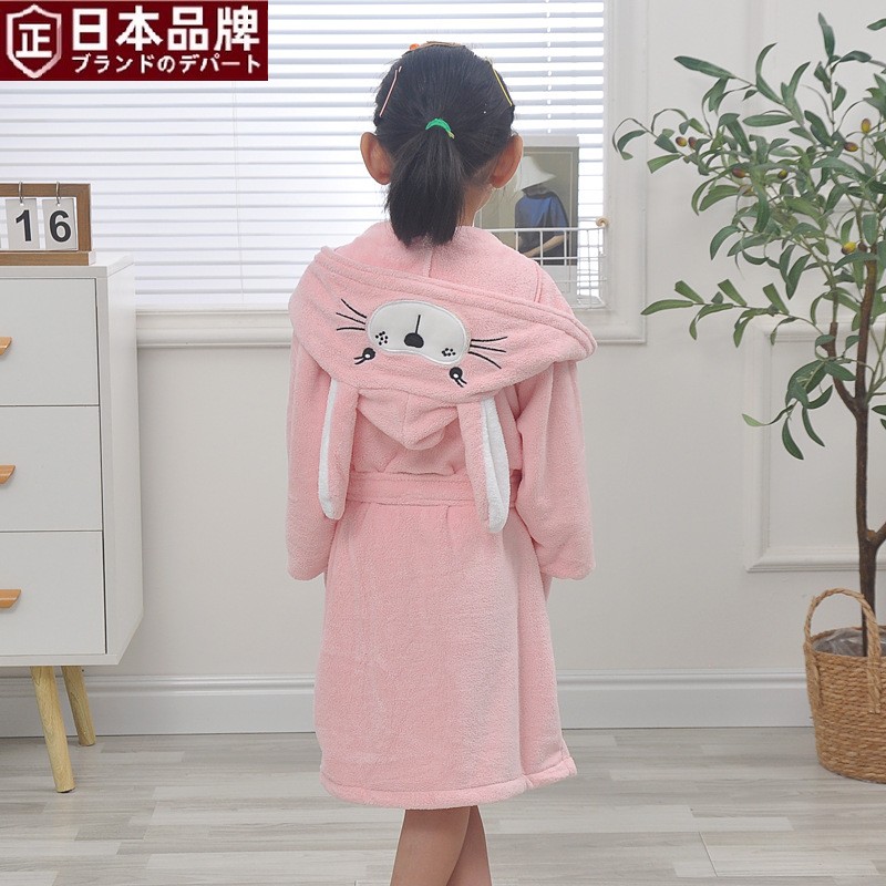 日本进口吸水珊瑚绒儿童浴袍A类家居服卡通带帽男女宝宝浴巾毛巾