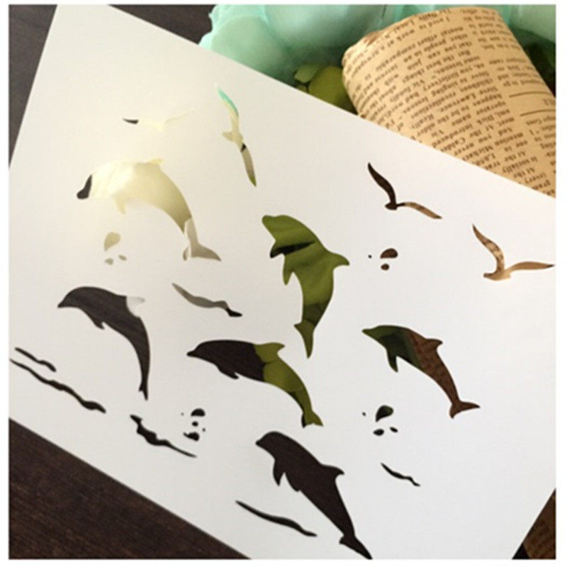 海豚镂空模板拓印平涂创意美术手绘涂鸦型染海豚墙绘儿童房253
