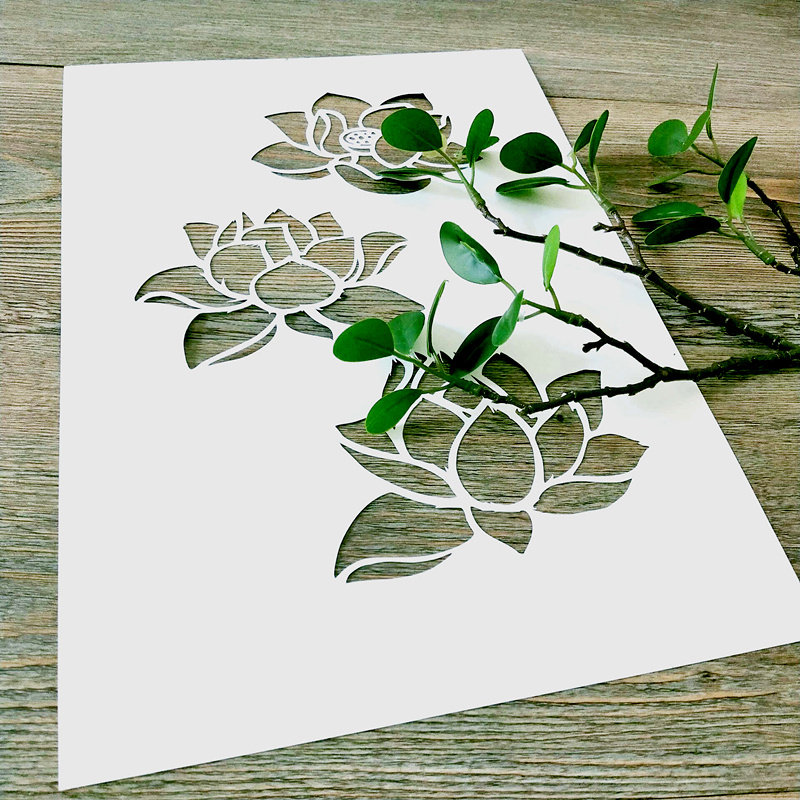 夏日清新色彩 荷花型板镂空模板拓印手绘中式花朵737