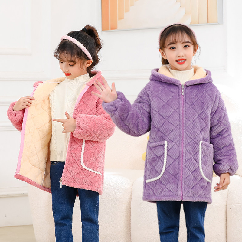 秋冬新款儿童羽绒服外套罩衣卡通 加绒女童长袖棉袄 连帽拉链护衣