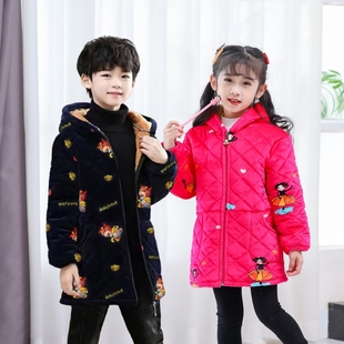 韩版 秋冬男女儿童加绒加厚水晶绒罩衣拉链带帽夹棉保暖宝宝小棉袄
