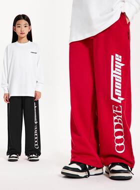 DK童装25春秋装女男童宽松红色卫裤儿童中大童街舞炸街阔腿长裤子