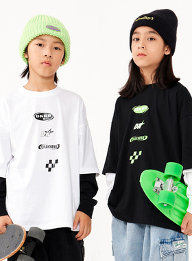 DK童装秋装新款男童假两件长袖T恤中大童儿童宽松休闲洋气打底衫