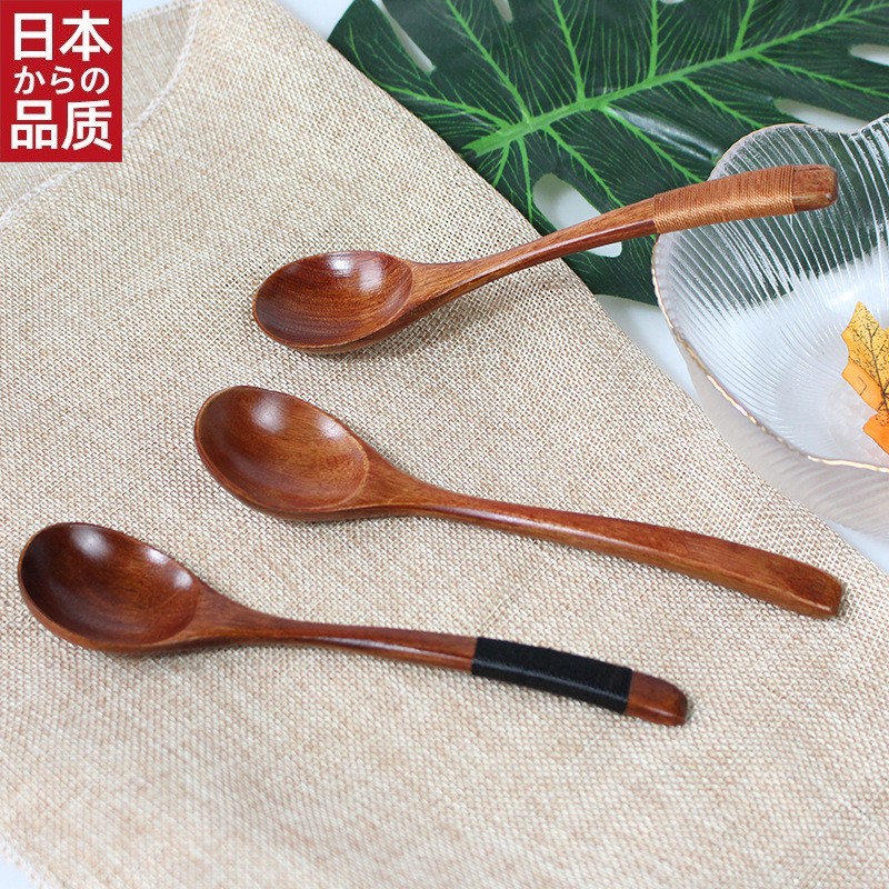 日本进口楠木勺老漆纯色小汤勺木勺家用餐具木质蜂蜜勺缠线木勺子