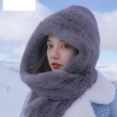 海宁进口兔毛帽子围巾一体帽加厚皮草帽子女冬季 户外保暖护耳帽中