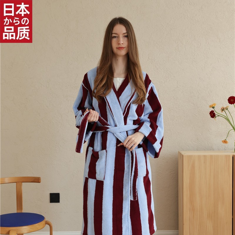日本进口2026年新款经典复古条纹疗愈系列浴袍纯棉精梳棉成人情侣