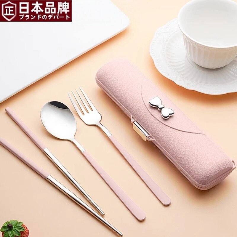 日本进口优选筷子勺子套装不锈钢三件套便携式食品级餐具收纳盒