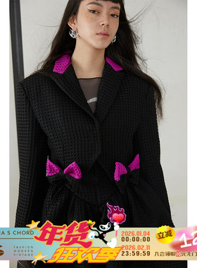 QSC原创设计桃粉色蝴蝶结爱心袖扣可爱黑色小西装短外套空气面料