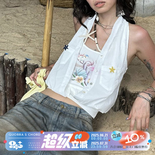 挂脖上衣 QSC原创刺绣沙滩宝藏扶桑花印花工艺纯棉背心拼接衬衫