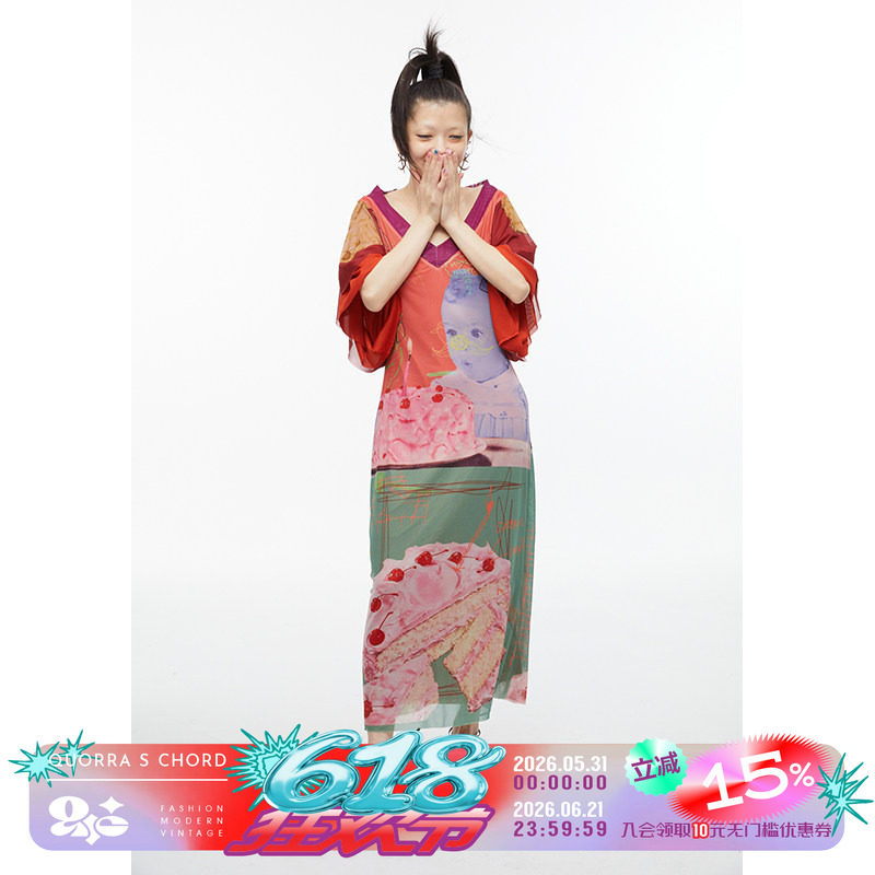 QUORRA S CHORD原创设计庆生蛋糕和服印花连衣裙辣妹气质显瘦长裙