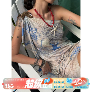 QSC海王英雄归来斜肩露肩上衣连衣裙高弹T恤海星帆船条纹网眼垂顺