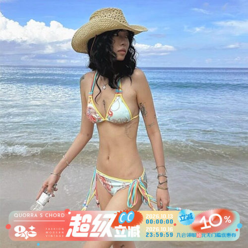 QUOERRA S CHORD原创高弹扶桑花腰果花豹纹蓝绿薄荷色比基尼套装