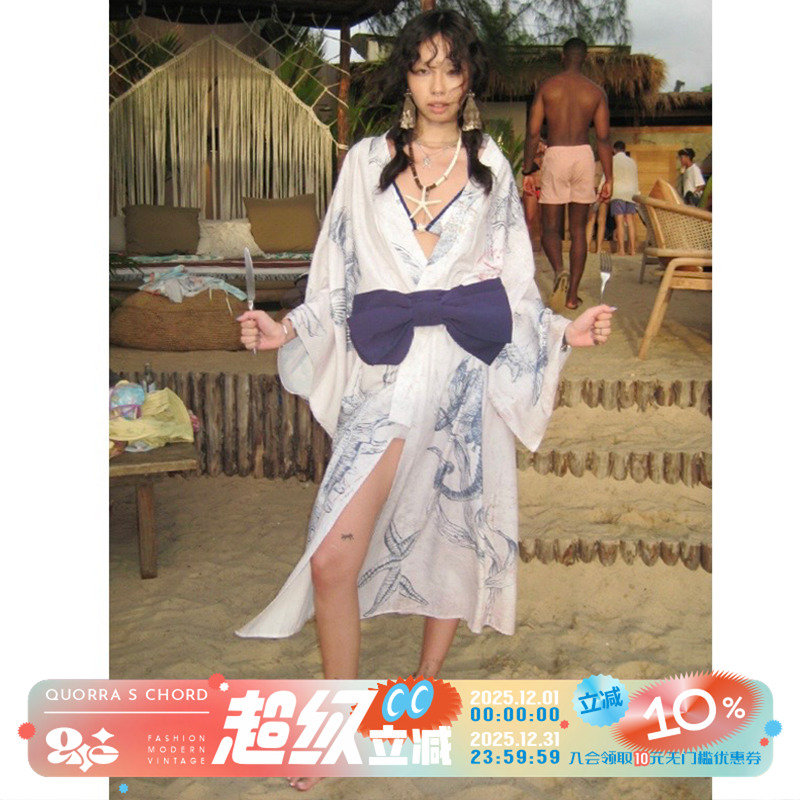 QSC原创贝壳化石浴衣披风外套连衣裙晨袍蝴蝶结腰带三件套
