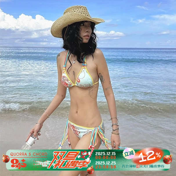 QUOERRA S CHORD原创高弹扶桑花腰果花豹纹蓝绿薄荷色比基尼套装