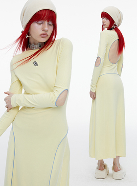 QSC原创设计纯棉显白奶薄荷黄撞色露背一字领镂空长袖打底连衣裙