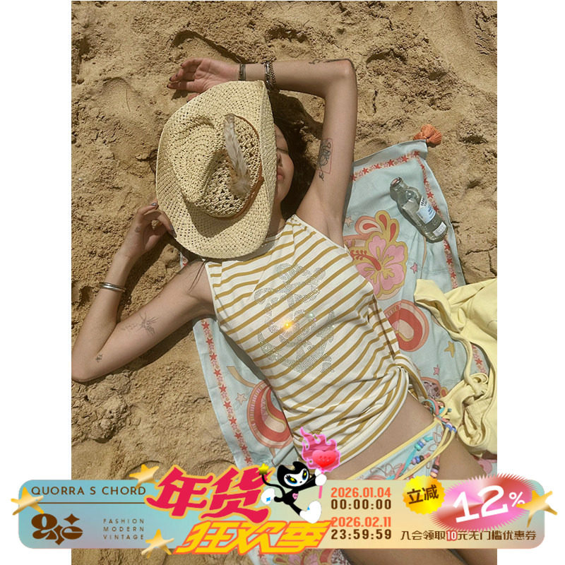 QSC原创纯棉船锚扶桑花条纹海军风开叉绑带上衣背心T恤