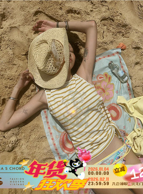 QSC原创纯棉船锚扶桑花条纹海军风开叉绑带上衣背心T恤