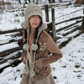 QSC针织手工羊毛球杂色灰绿色帽子弹力保暖大头围