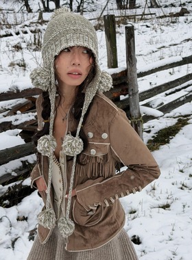 QSC针织手工羊毛球杂色灰绿色帽子弹力保暖大头围