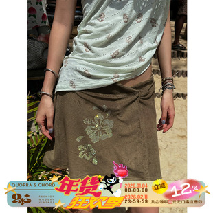 QSC原创纯棉卡其色扶桑花烫钻毛巾料多种穿法半身裙连帽披肩