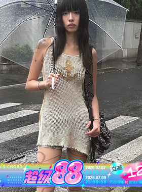 QSC原创设计纯棉网布透视朋克不规则毛边船锚工字背心连衣裙