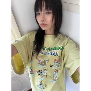 QSC可爱漫画男女宽松黄绿色柔软纯棉做旧oversized大T恤