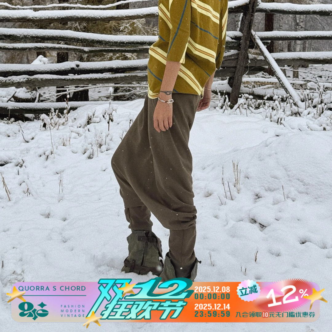 QSC牧徊系列纯棉卡其绿松紧腰落档裤裙两穿随性宽松休闲城市游牧