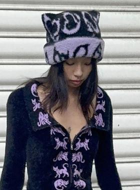 QSC25原创新款针织高弹爱心恶魔尾巴双面佩戴毛线帽立体小猫耳朵