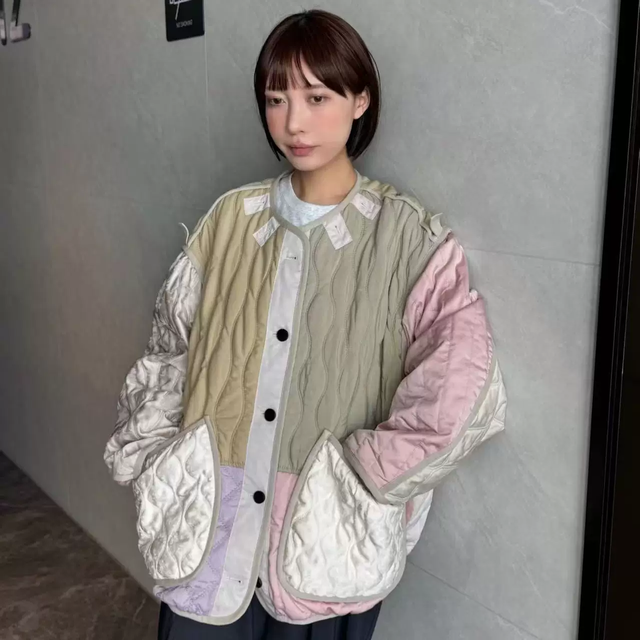 商场同款小众设计感撞色拼接菱格纹棉服外套女宽松休闲保暖棉衣