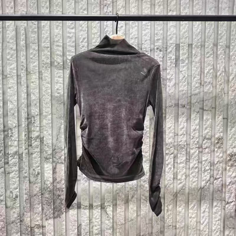 摩家~新款立裁小高领捏褶收腰袖口植绒打底衫女t恤内搭MBD4TOP005