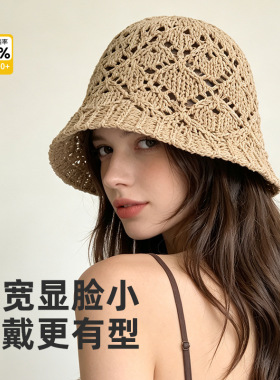 韩系复古花边镂空渔夫帽春夏季薄款透气显脸小休闲百搭草编针织帽
