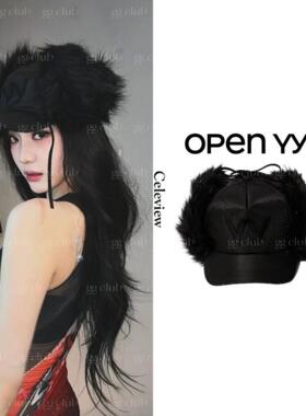 宁艺卓同款yy字母刺绣仿皮草毛绒护耳帽加厚保暖鸭舌帽